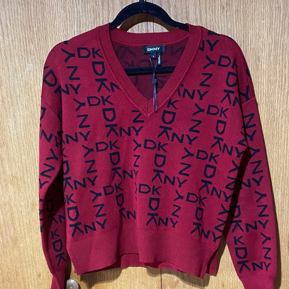 DKNY Red and Black V-Neck Sweater